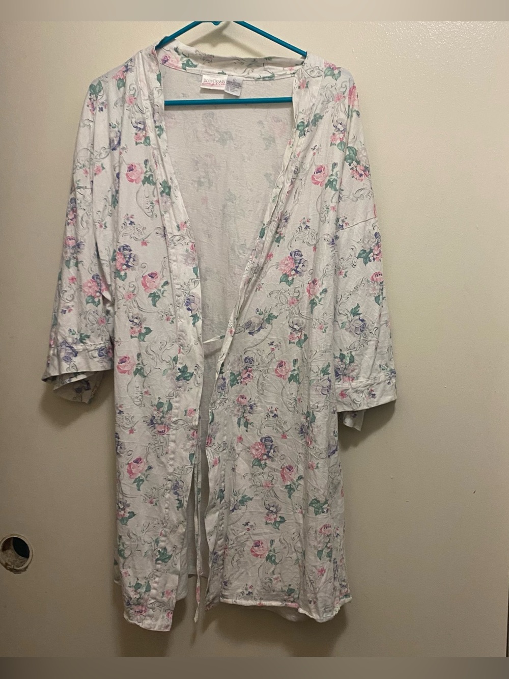 Body Drama Womens L Large 46” Kimono Robe Floral White & Pink Vintage